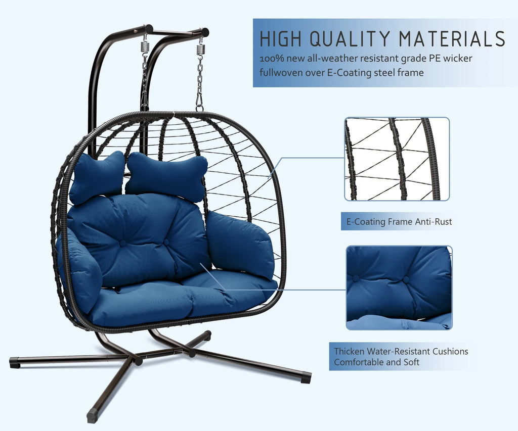 Bifanuo Fauteuil œuf balancelle double en osier, canapé suspendu pliant avec support, coussins amovibles résistants aux UV, capacité de 700 lb pour chambre, balcon (noir et beige)