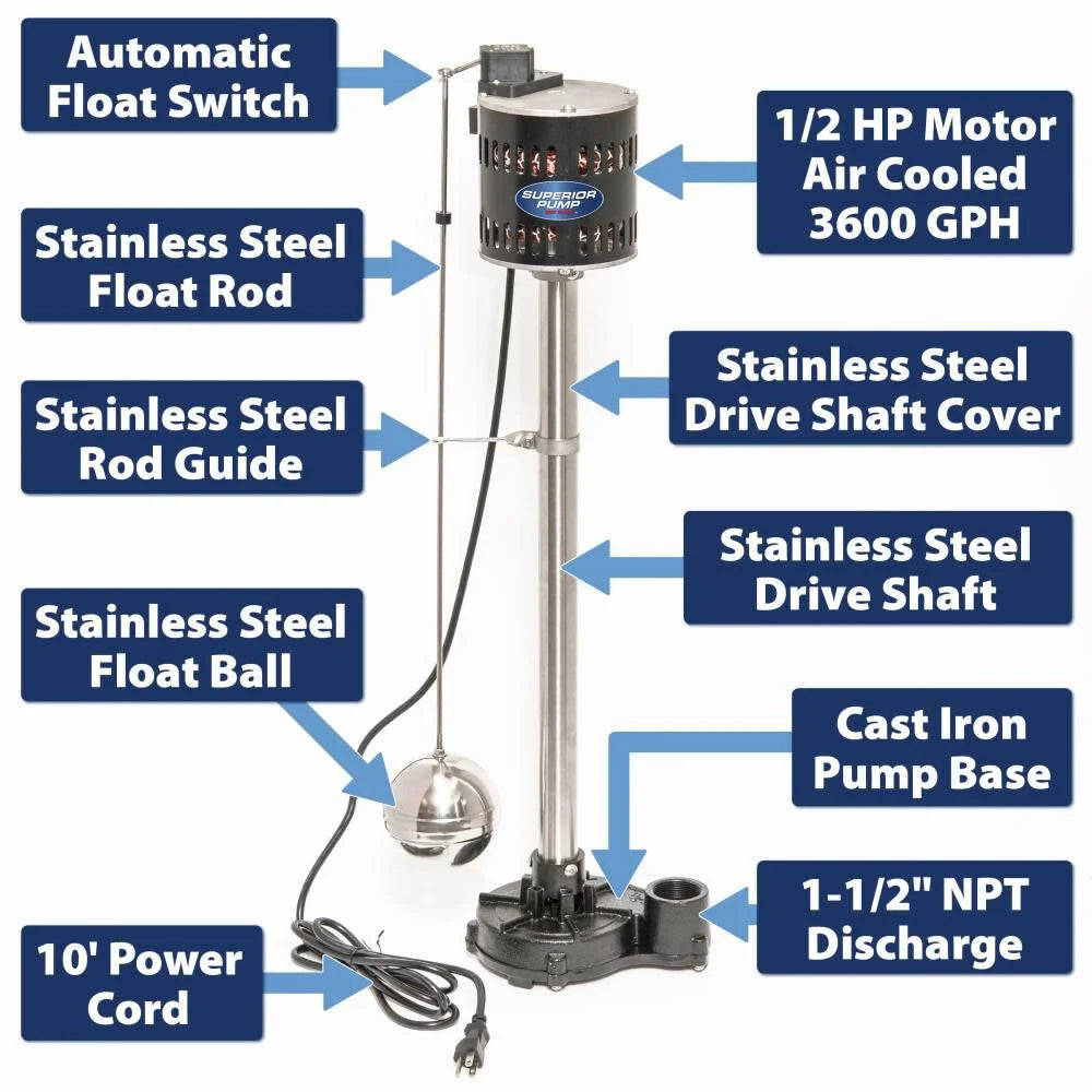 Superior Pump 92333 Pompe de puisard utilitaire polyvalente, 120 V, 0,33 ch, Sortie de 1-1/4 po, 50 gal/min, Thermoplastique - Noir
