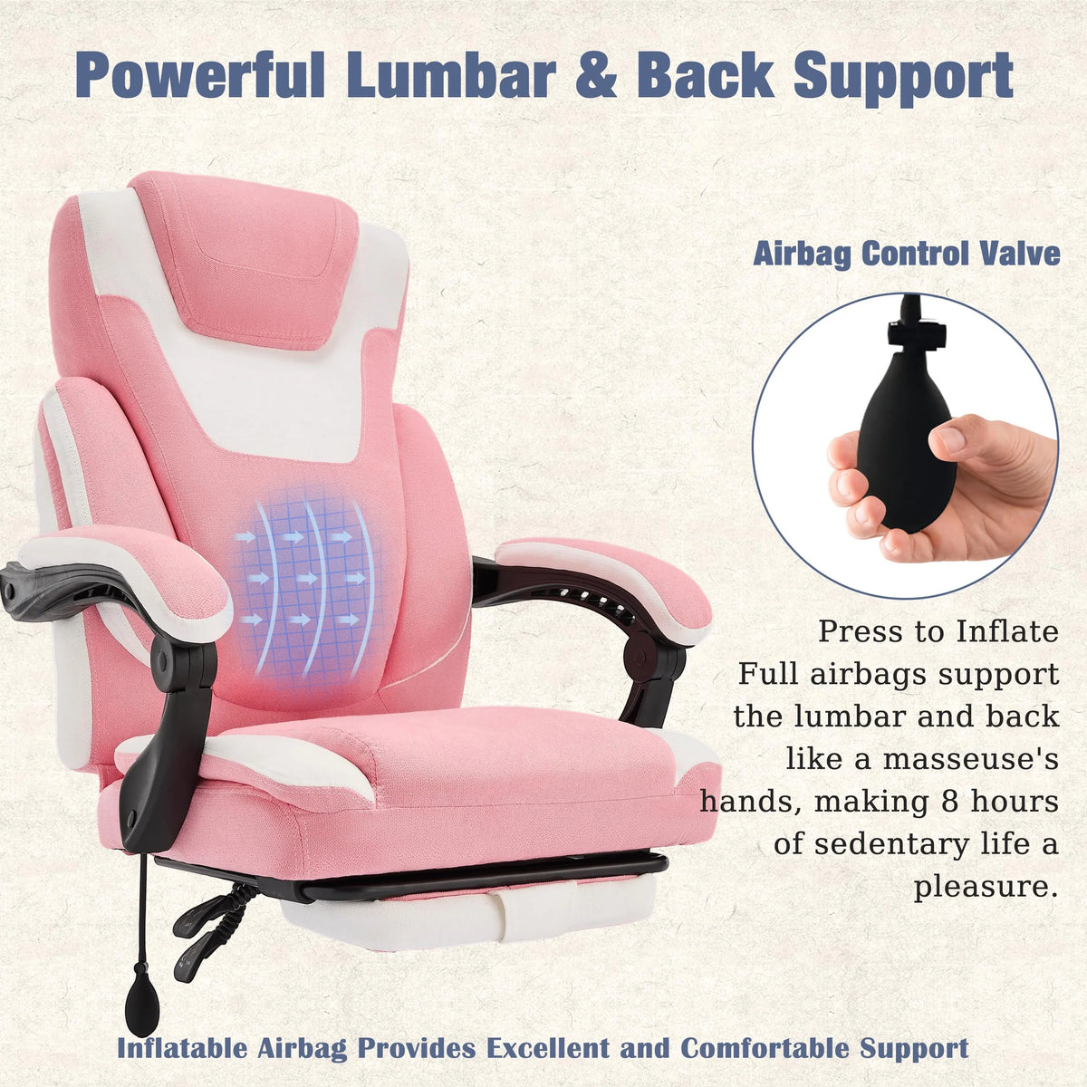JONPONY Fauteuil de bureau Grande Taille 400lbs, Fauteuils de bureau de direction inclinables avec repose-pieds, Fauteuil de bureau à domicile à dossier haut Accoudoirs épais, Support lombaire ergonomique réglable, RoseBlanc