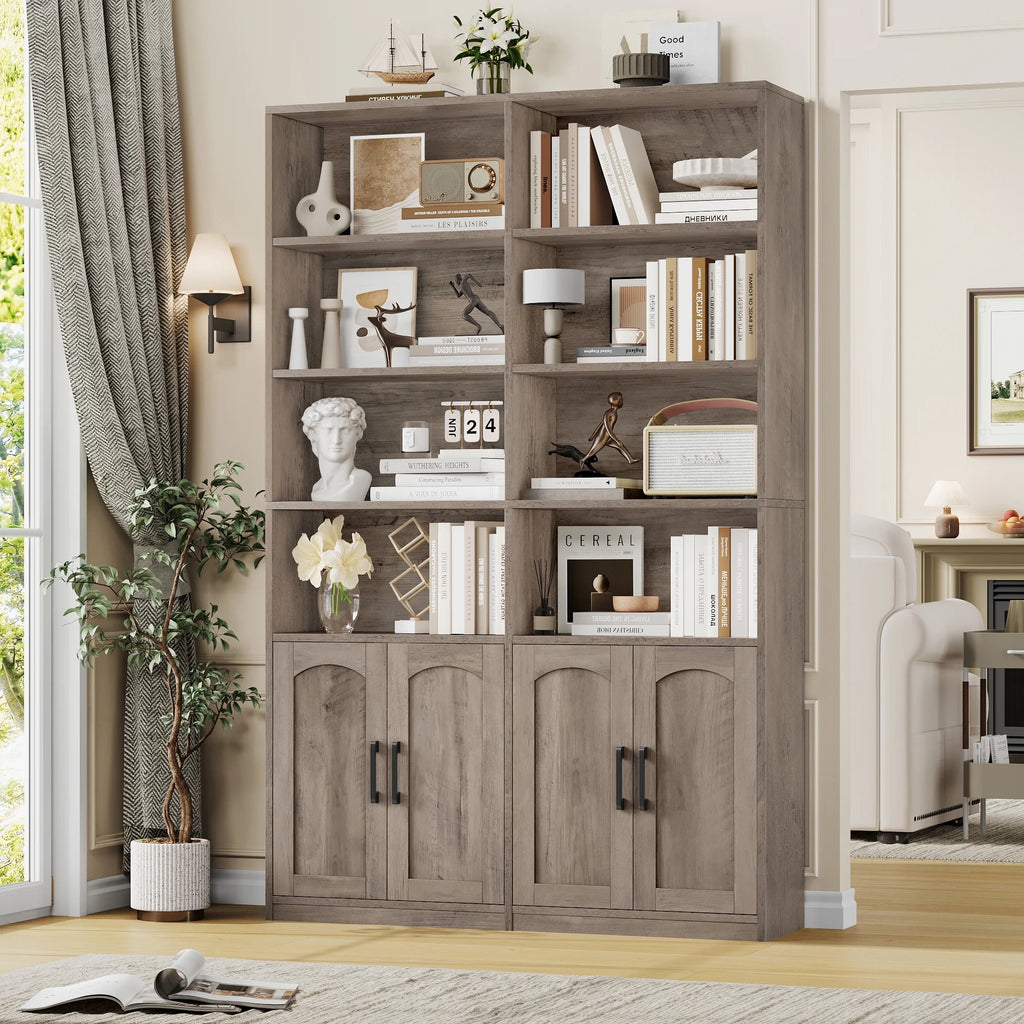 Bibliothèque haute Homfa 73 avec portes, 8 compartiments, 6 niveaux, double rangée, blanche, pour salon et bureau à domicile