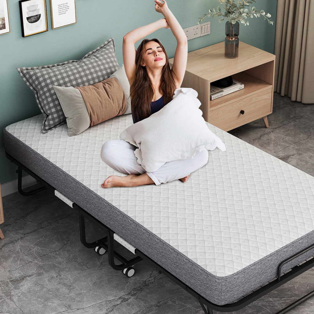 Lit pliant avec matelas 75 x 31 format lit de camp Lit plié, lit d'appoint sur roulettes portable et pliable lit supplémentaire pour adultes lit de repos avec matelas en mousse à mémoire de forme 5 cadre en grille métallique robuste peu encombrant