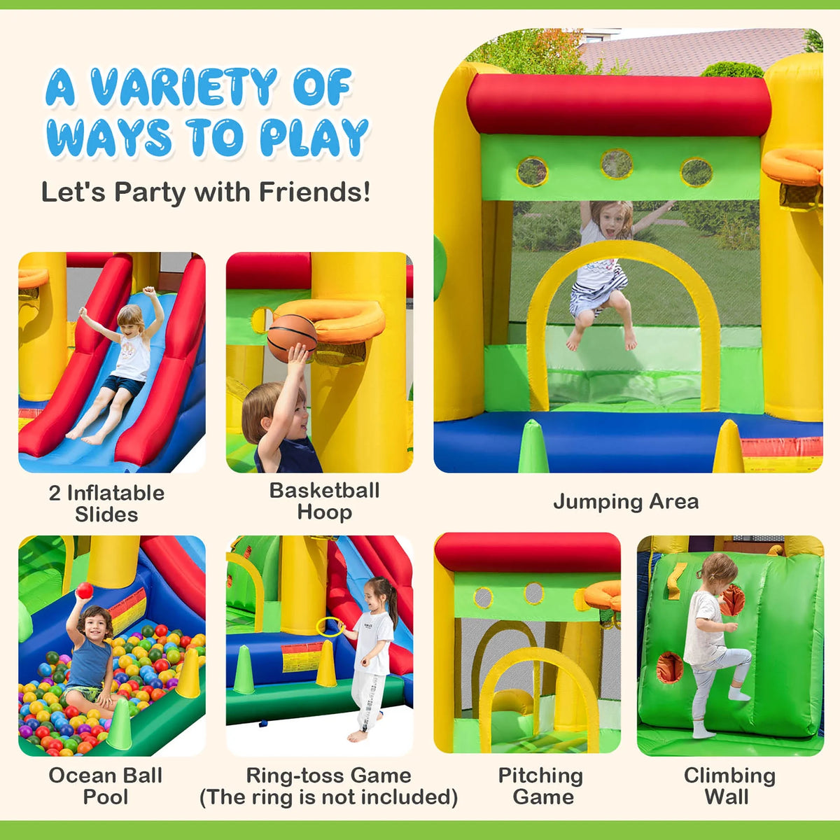Château gonflable arc-en-ciel Costway pour enfants avec 50 balles et souffleur 735W