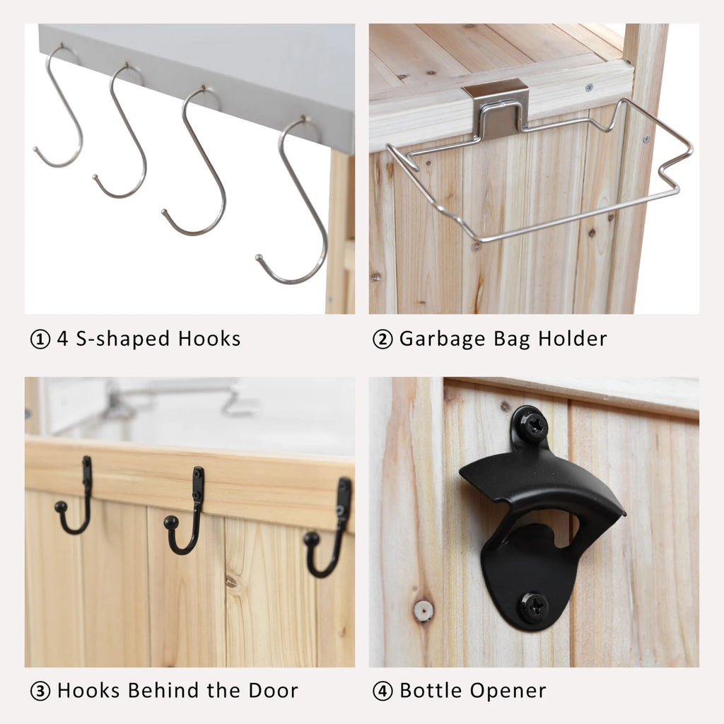 Îlot de cuisine d'extérieur en bois massif avec abattant, table pour barbecue avec plateau en acier inoxydable, chariot de bar d'extérieur et meuble de rangement avec roulettes verrouillables, tiroir, porte-épices, gris-bleu