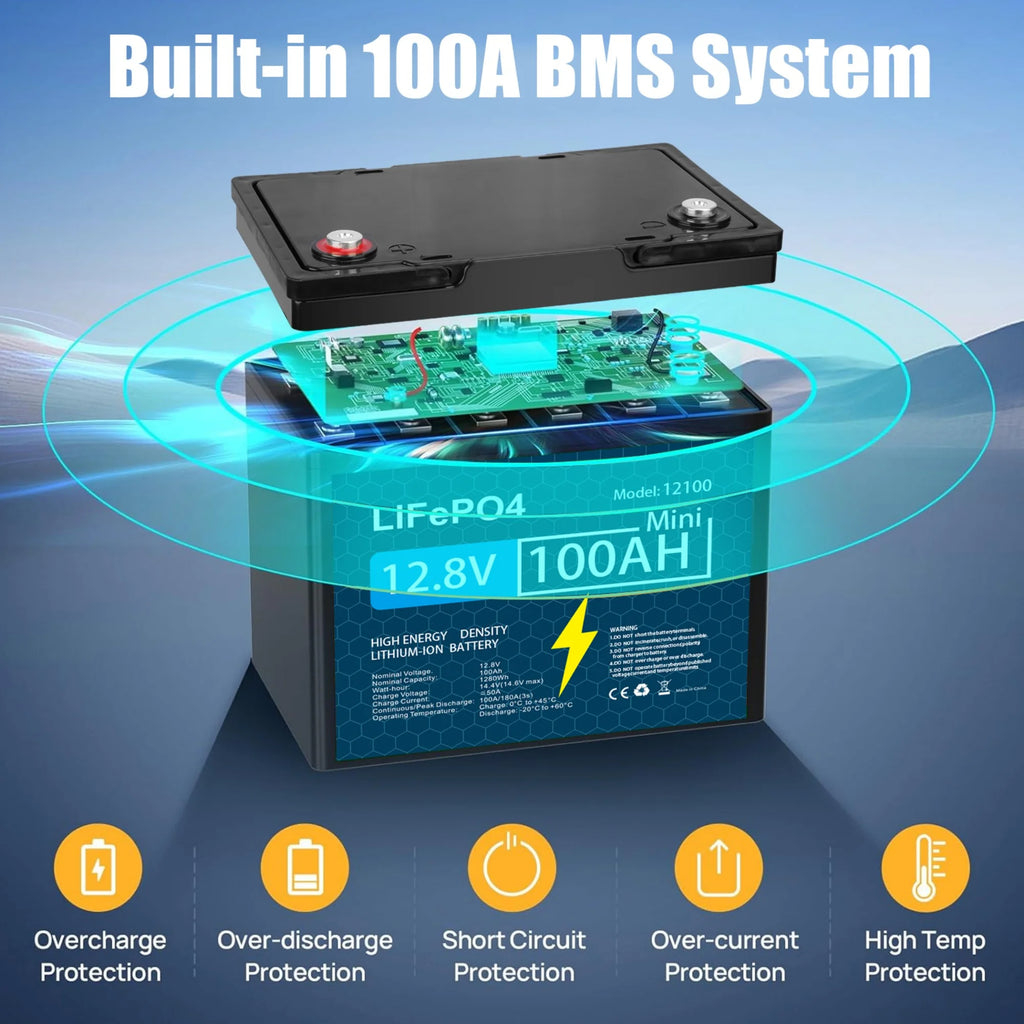 Batterie au lithium LiFePO4 12V 100Ah avec BMS 100A pour Camping-car et Fourgon Aménagé à cycles profonds