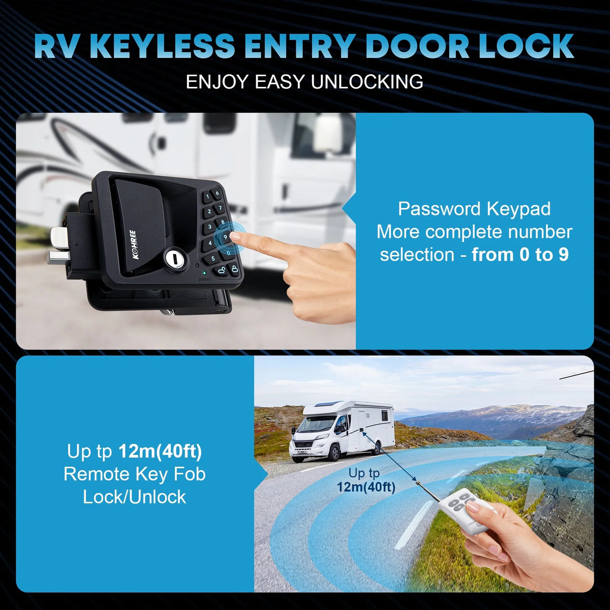 Kohree Serrure de porte de camping-car avec accès sans clé, Remplacement de serrures de porte de camping-car avec clavier et télécommande pour loquet de porte de caravane, camping-car et remorque de voyage
