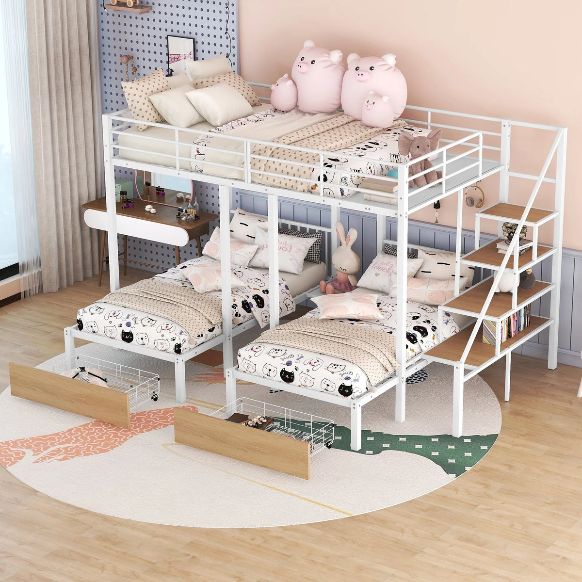 Lit superposé triple Bellemave avec escalier, lit superposé en métal avec lit double au-dessus et deux lits simples en dessous, tiroirs de rangement, robuste, pour 3 enfants, adolescents, garçons et filles (blanc)