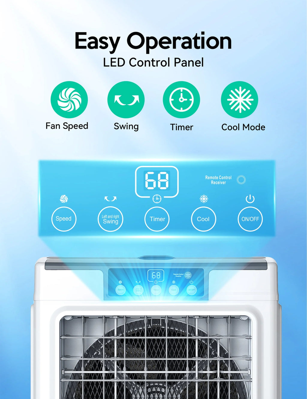Rafraîchisseur d'air évaporatif, 2100 CFM, oscillation 120°, avec télécommande, minuterie 24 h, 3 vitesses de ventilation, pour intérieur et extérieur, 7,9 gallons
