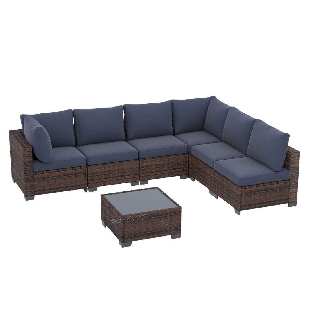Salon de jardin Ainfox 7 pièces en promotion, canapé en rotin gris avec coussins gris