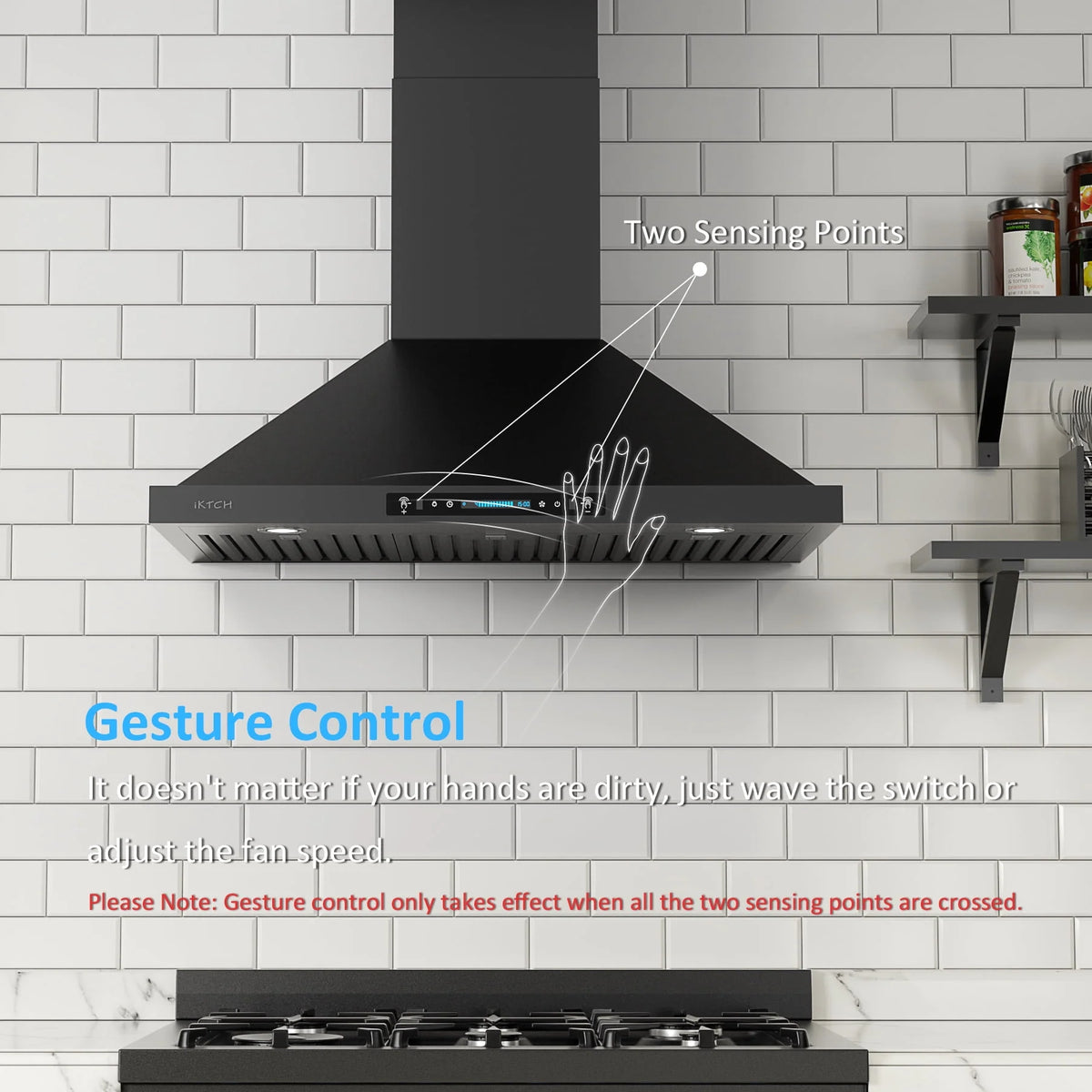 Hotte de cuisine murale noire IKTCH de 30 pouces, hotte d’extraction en acier inoxydable de 900 CFM avec évacuation par conduit ou recyclage, détection gestuelle et panneau de commande tactile, 2 éclairages réglables (IKP02-30-BSS)