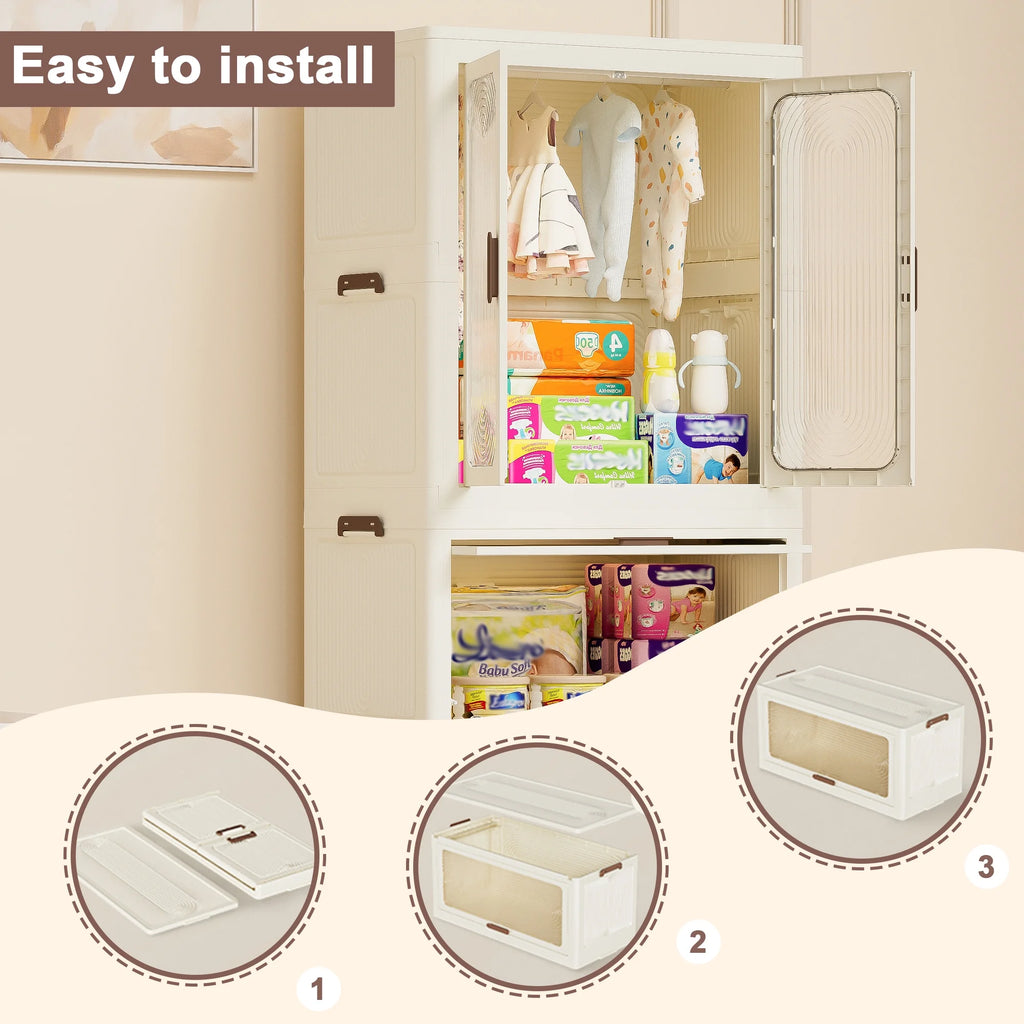 Penderie portable pour enfants Montary avec portes magnétiques et tringle – Meuble de rangement en plastique à 4 casiers pour chambre d'enfant