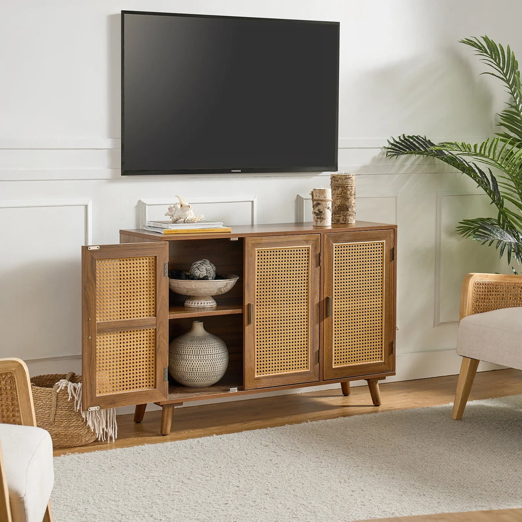 Buffet Boho en bois à 3 portes, meuble de rangement avec portes en rotin, noyer