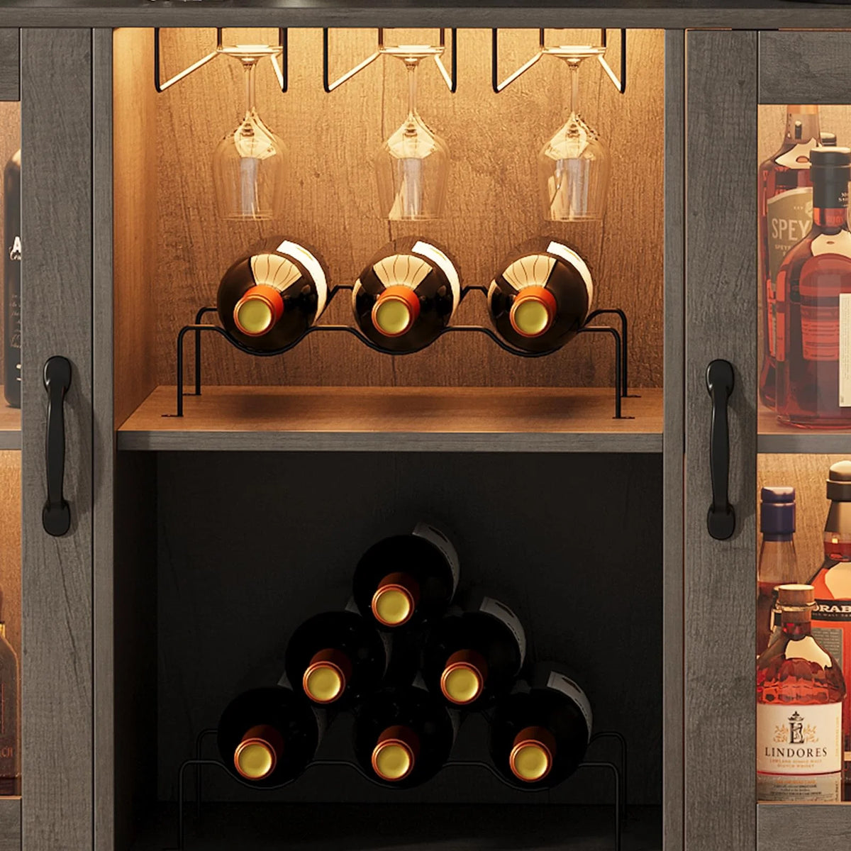 Meuble bar avec étagères de rangement, meuble bar à café avec éclairage LED, meuble à spiritueux avec casier à vin et porte-gobelets, buffet de cuisine pour la maison, la cuisine et la salle à manger
