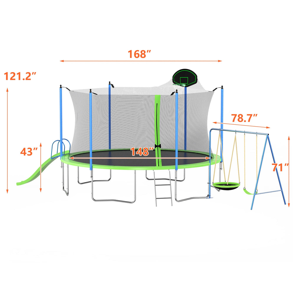 Trampoline de 12 pieds avec toboggan, balançoires, trampoline récréatif SEGMART avec panier de basket et échelle, trampoline d’extérieur robuste pour jardin avec filet pour enfants et adultes, vert