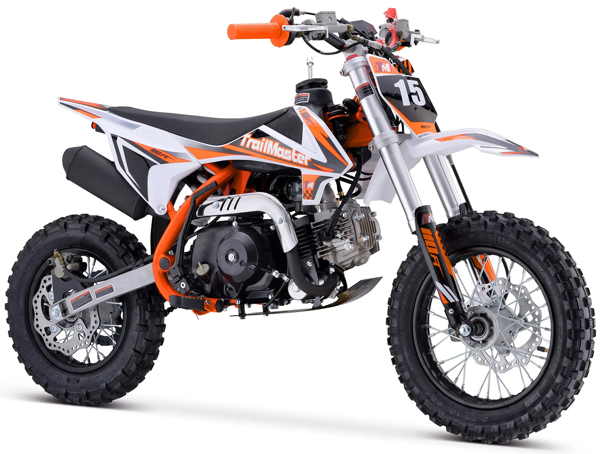 Moto tout-terrain Trailmaster TM15 110 cc semi-automatique à 4 vitesses, hauteur de selle de 24,21 pouces, freins à disque, cadre à double triangulation (rouge)
