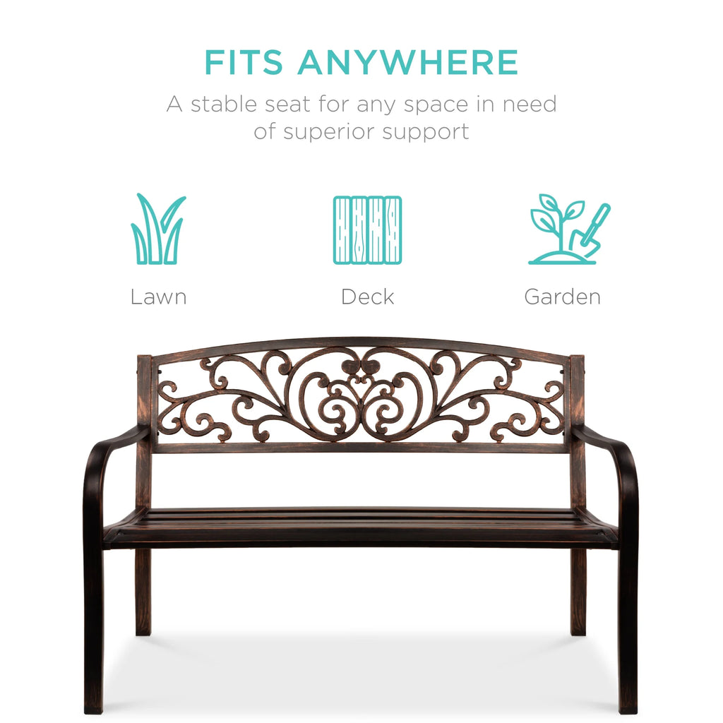 Best Choice Products Banc en Acier d'Extérieur Jardin Patio Porche Meuble avec Dossier à Motif Floral - Noir