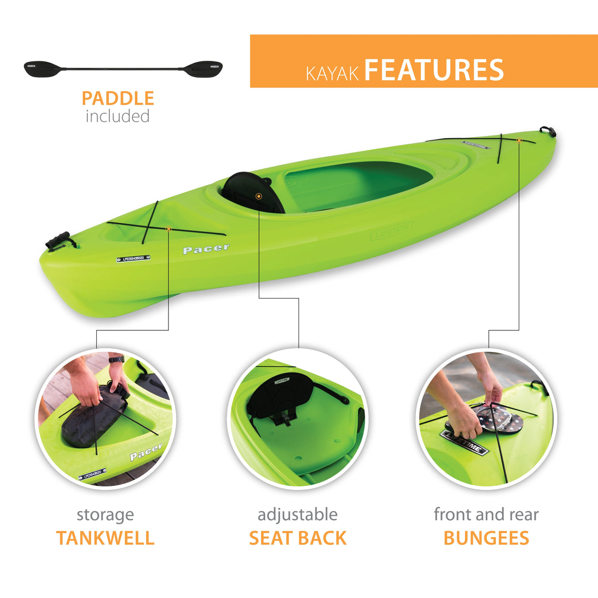 Kayak à pédales Lifetime Pacer de 8 pi, à cockpit ouvert, vert (91032)
