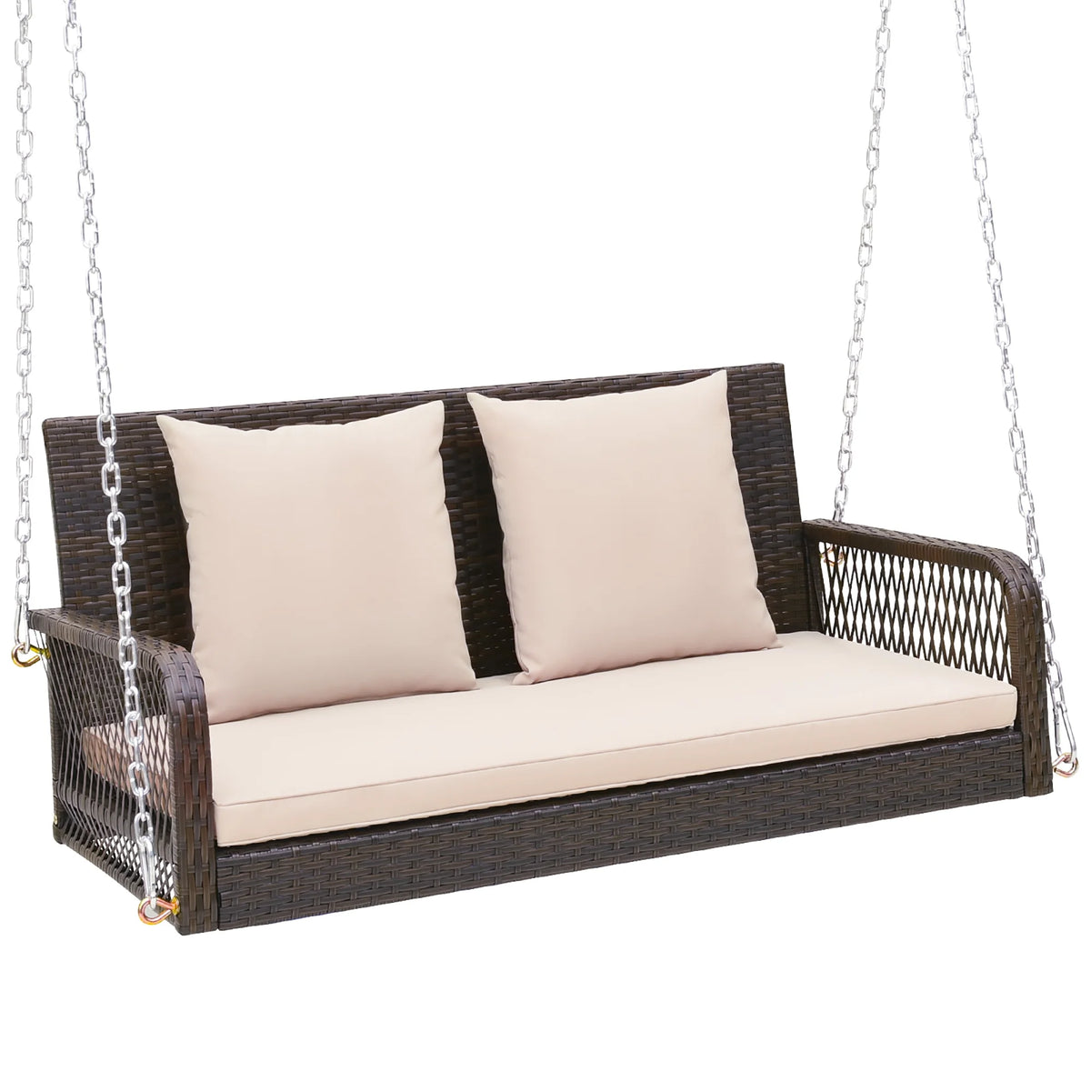 Balançoire de porche extérieure en osier Gymax, capacité de 800 lb, banc-balançoire d’extérieur avec chaînes de suspension, noir