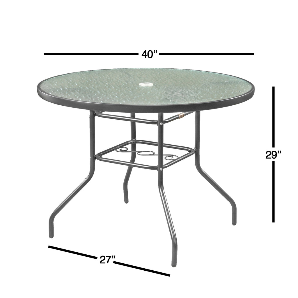 Garden Elements Mobilier de terrasse, Table à manger ronde, Piétement et bordure en acier avec plateau en verre ondulé, Gris, 40