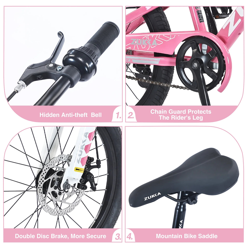 Vélo VTT pour enfant Zukka 20 pouces, cadre en acier, modèle hardtail, pour enfant de 7 à 10 ans, rose