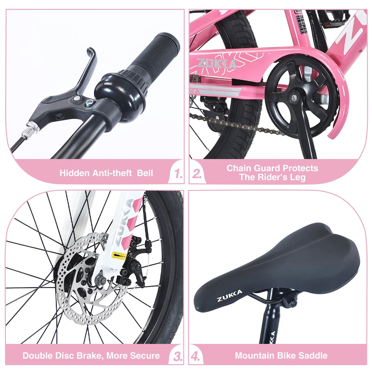 Vélo VTT pour enfant Zukka 20 pouces, cadre en acier, modèle hardtail, pour enfant de 7 à 10 ans, rose