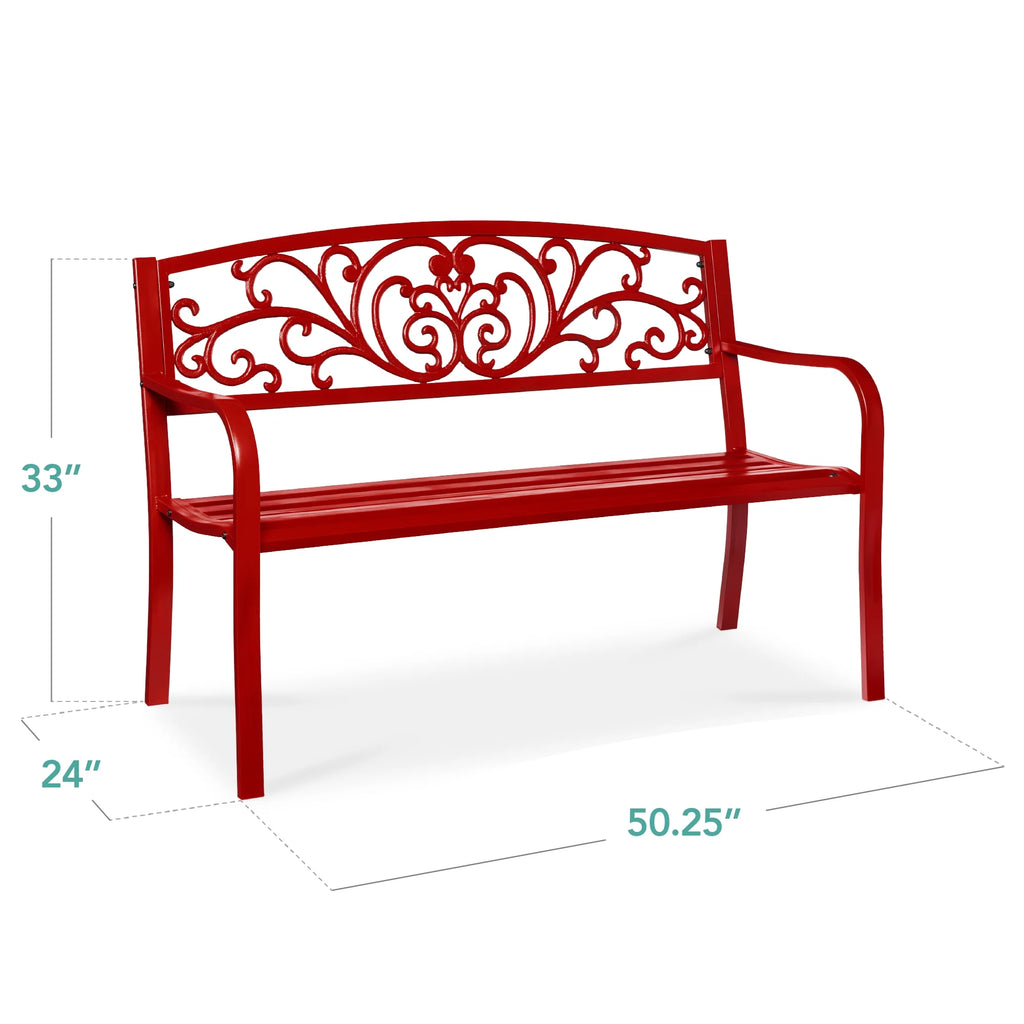 Best Choice Products Banc en Acier d'Extérieur Jardin Patio Porche Meuble avec Dossier à Motif Floral - Noir