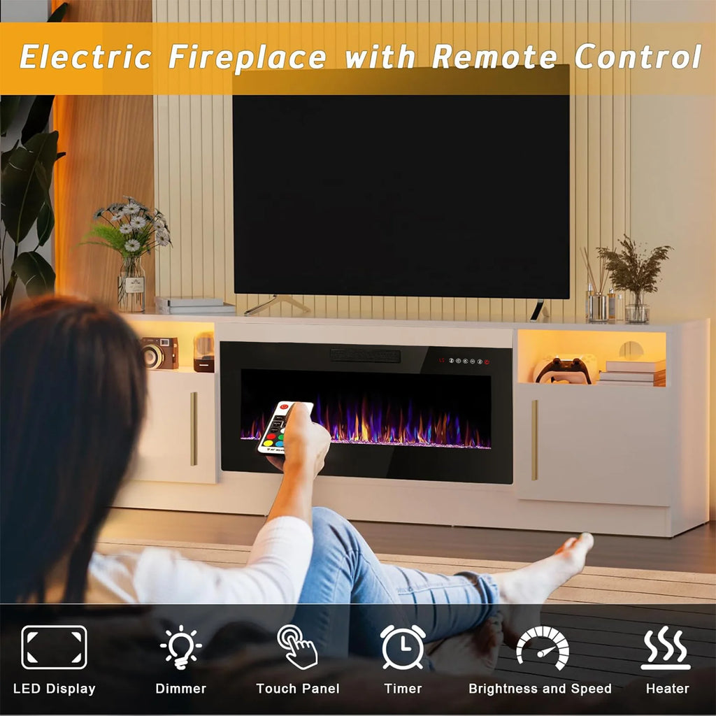 Meuble TV avec cheminée Waleaf avec cheminée électrique de 36 pouces pour téléviseurs jusqu’à 80 pouces, console multimédia moderne en bois avec meuble éclairé, blanc