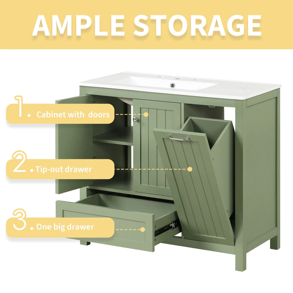 Meuble-lavabo de salle de bains Harper & Bright Designs 30 avec lavabo, armoire de salle de bains avec plateau en céramique, portes et tiroir de rangement multifonctionnels, vert
