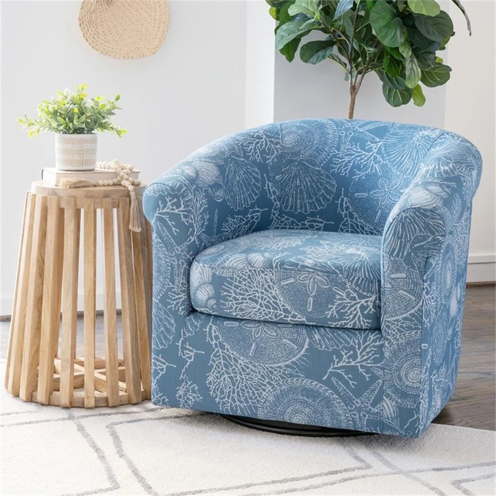 Fauteuil club pivotant entièrement rembourré Linon Rhea, motif coquillages bleus, style côtier