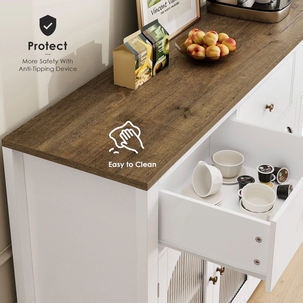 Homfa Grand buffet de 55'', meuble de rangement de cuisine avec 3 tiroirs et 4 portes vitrées, meuble bar en bois pour salon, blanc