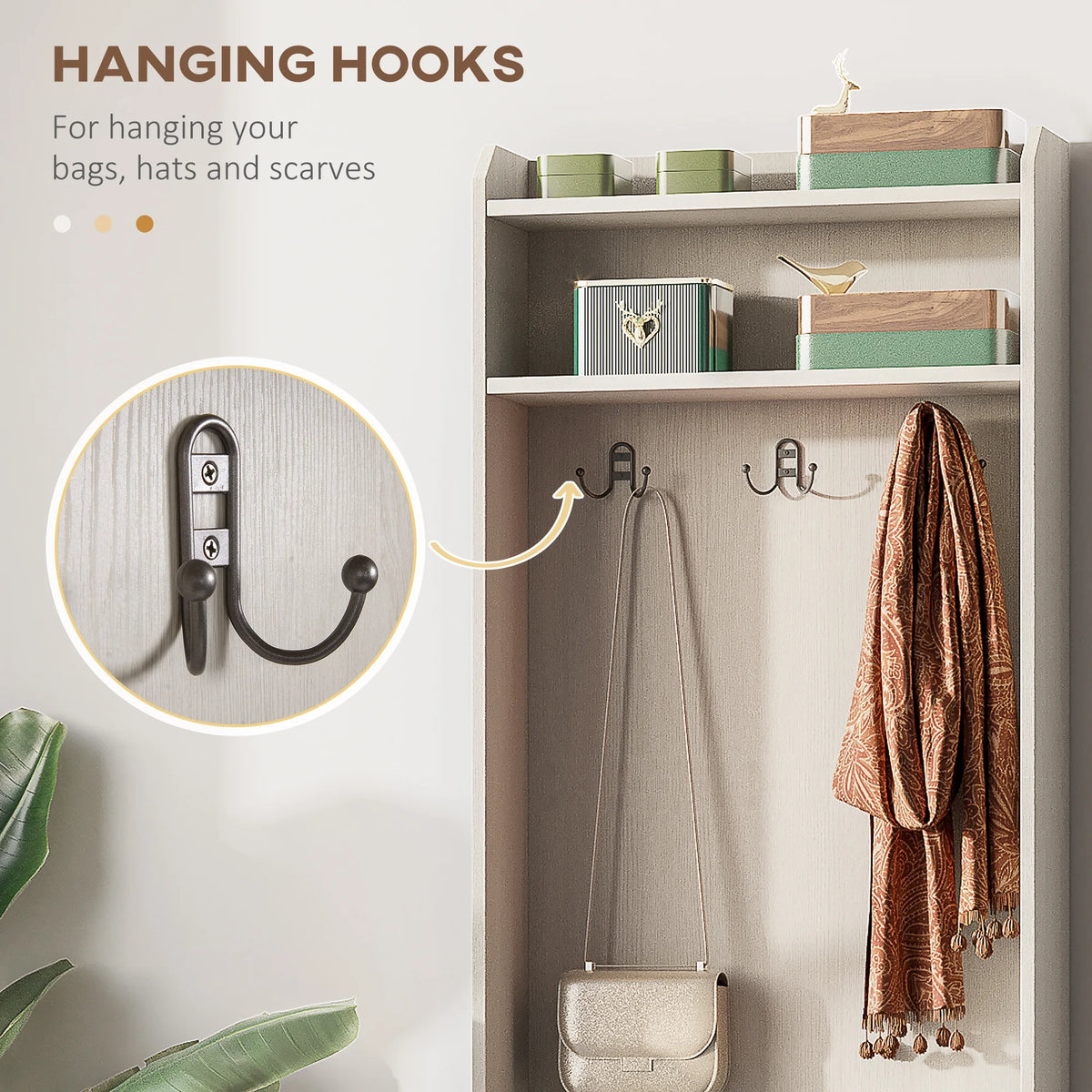 HOMCOM Vestiaire d’entrée rustique avec banc de rangement pour chaussures, banc d’entrée avec porte-manteau, porte-manteau décoratif avec étagères de rangement pour couloir ou entrée, blanc
