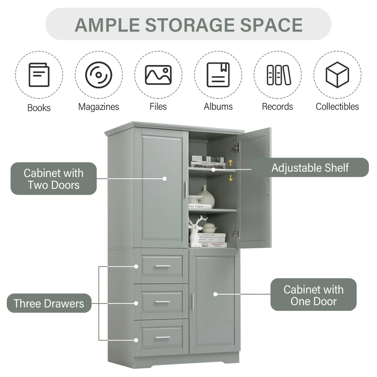 Armoire de salle de bain, meuble de rangement de 62,2 de haut avec portes et étagères, armoire à linge sur pied pour salle de bain, cuisine, salon, grise