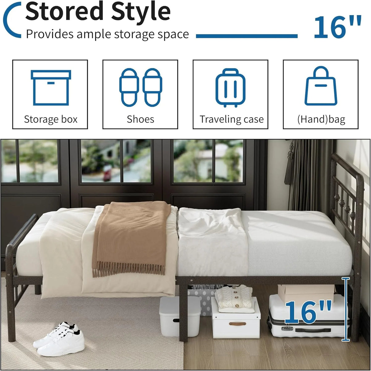 Cadre de lit simple XL de 16 pouces avec tête et pied de lit, plateforme classique en métal sans sommier requis, support de matelas robuste en fer artistique de style victorien, rangement sous le lit, marron