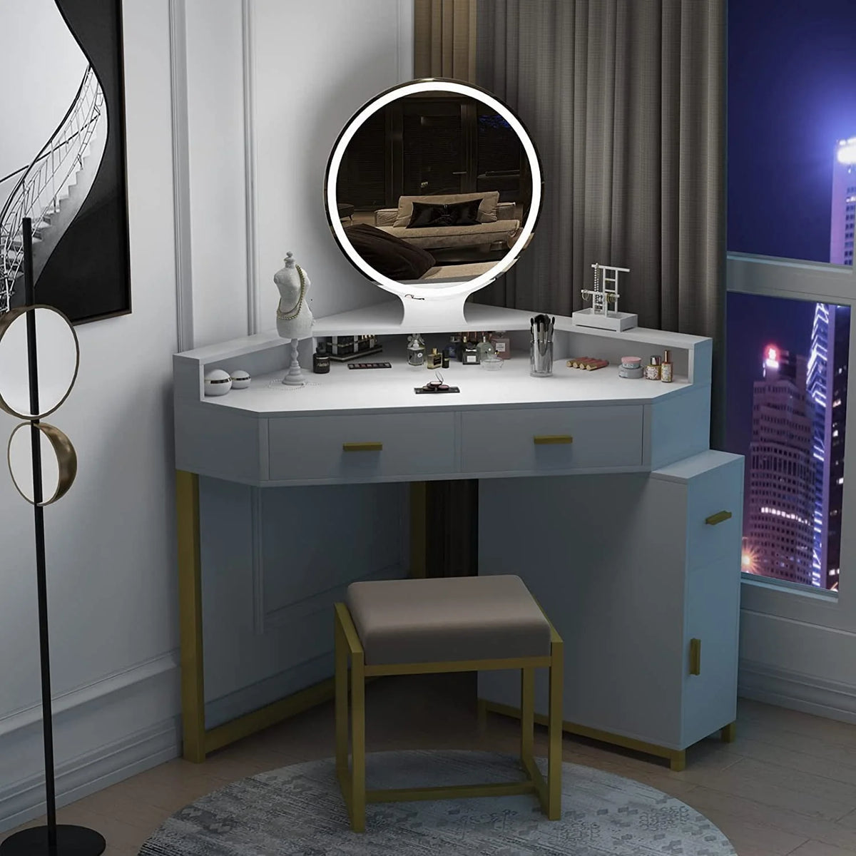 Coiffeuse d’angle avec miroir lumineux, table de maquillage avec tiroirs, meuble et tabouret rembourré, coiffeuse pour fille pour salle de bain ou chambre, blanche, par TZUTOGETHER