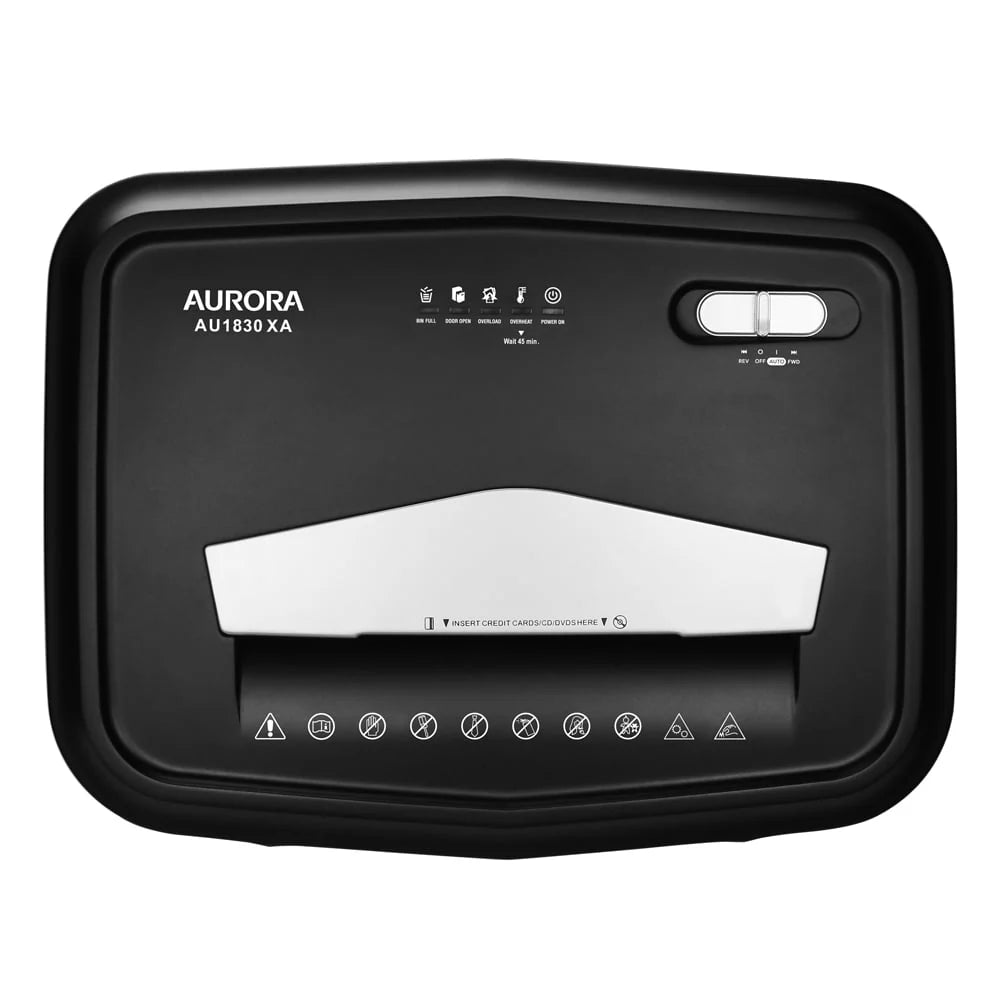 Destructeur de documents Aurora GB robuste anti-bourrage à coupe transversale, capacité de 18 feuilles, 30 minutes d’autonomie, bac amovible de 5 gallons et roulettes