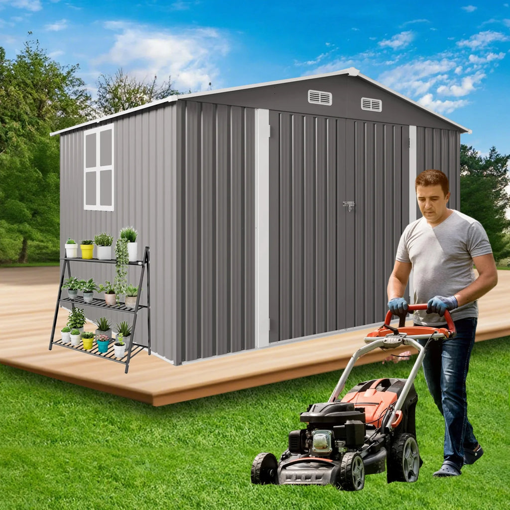 Abri de rangement extérieur 10 x 8 pi, grand abri de rangement en métal, porte verrouillable et grille d’aération, fenêtre transparente, abri pour outils de jardin, vélos, tondeuses à gazon, cours arrière, terrasses et pelouses – gris