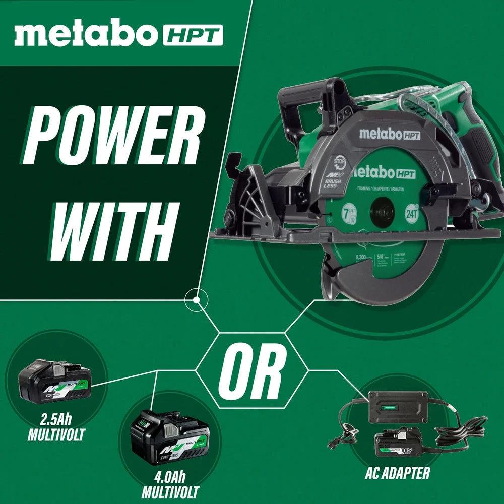 Scie circulaire Metabo HPT 36 V MultiVolt de 7-1/4 pouces à poignée arrière, conception légère, jusqu’à 500 coupes de 2x4 par charge, capacité d’angle d’onglet réglable de 53°, garantie à vie sur le corps de l’outil, C3607DWA