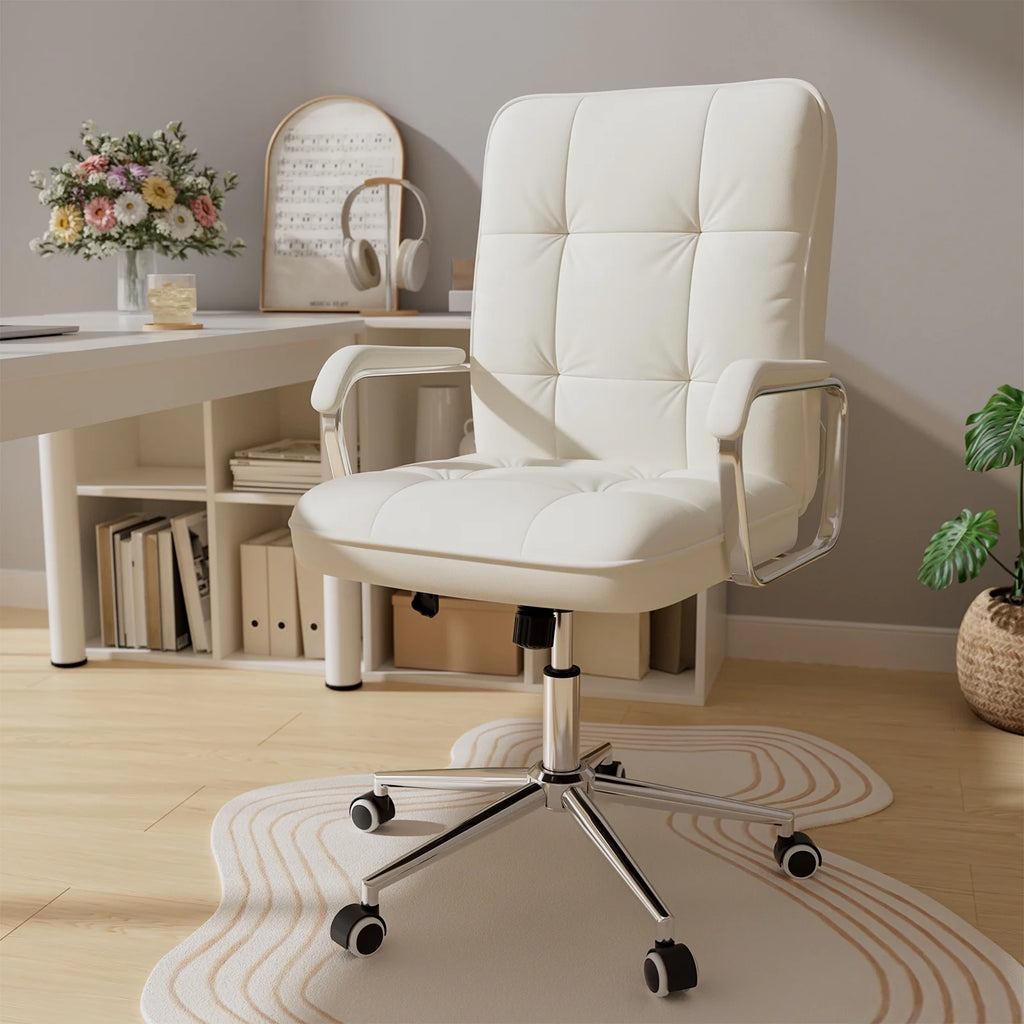 Chaise de bureau Solfway blanche, fauteuil de bureau pivotant en cuir avec roulettes et accoudoirs rembourrés, fauteuil de direction pour adultes