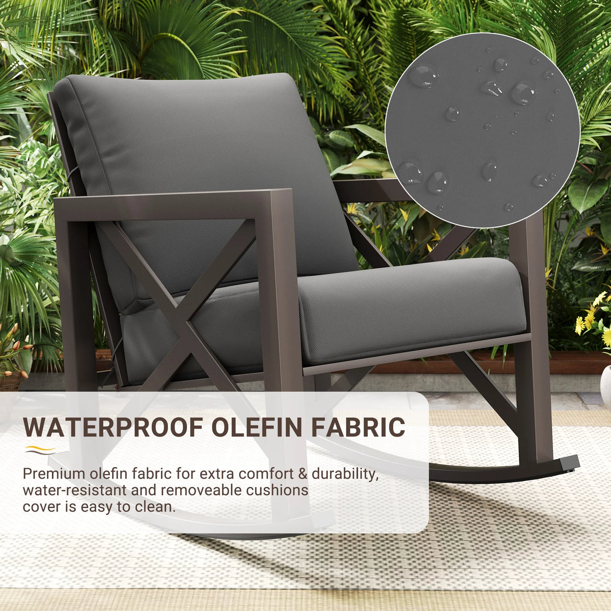 Ensemble de bistrot MRUAKA avec chaises à bascule, ensemble de mobilier de patio extérieur 3 pièces avec 2 chaises à bascule et 1 table basse en métal avec coussins épais pour porche, cour arrière, bord de piscine, beige