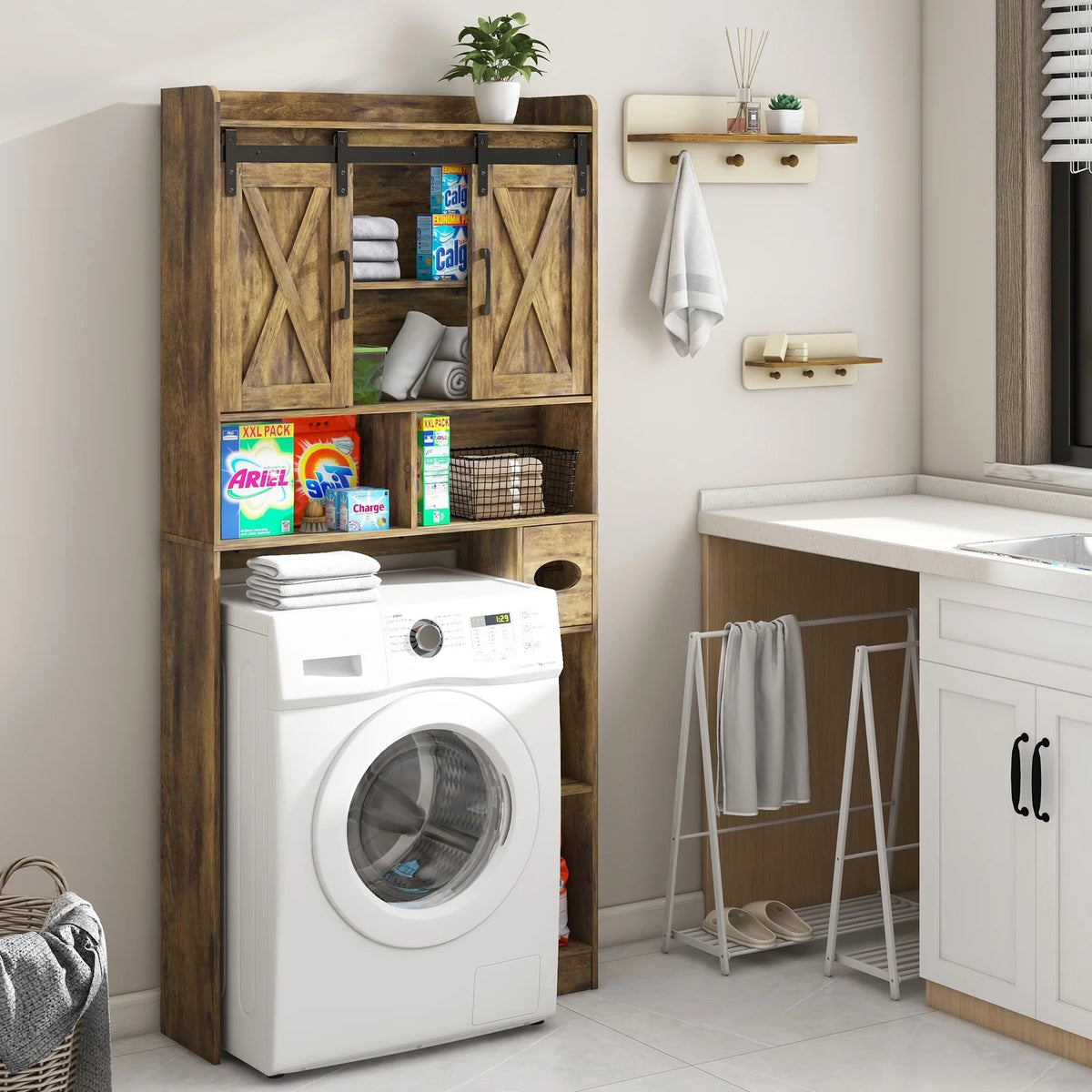 Meuble de rangement au-dessus des toilettes, meuble de rangement de style maisonnette au-dessus des toilettes avec portes coulissantesÉtagère de rangement gain de place pour toilettes, pour salle de bains, toilettes, buanderie