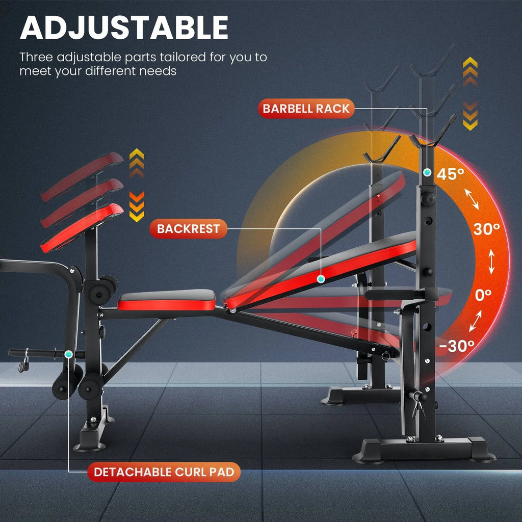 VIBESPARK Banc de musculation réglable 600 lbs Ensemble de banc de musculation pliable 5-en-1 avec Rack à barre, Extension jambes, Pupitre à biceps, Accessoire d'écarté aux haltères, Banc de musculation multifonction