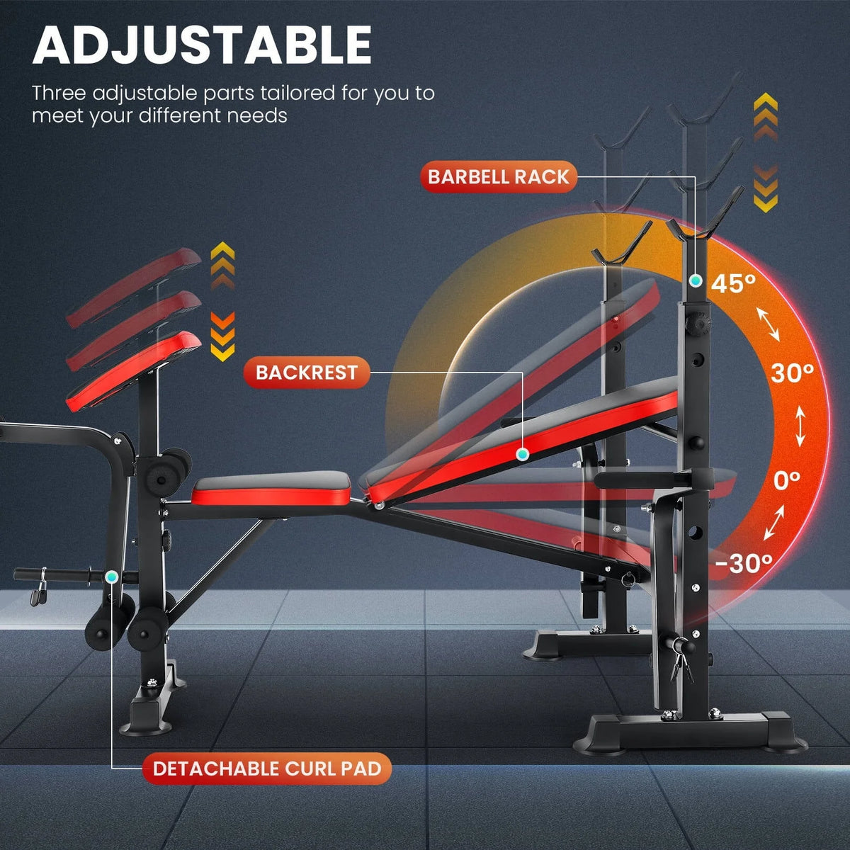 VIBESPARK Banc de musculation réglable 600 lbs Ensemble de banc de musculation pliable 5-en-1 avec Rack à barre, Extension jambes, Pupitre à biceps, Accessoire d'écarté aux haltères, Banc de musculation multifonction