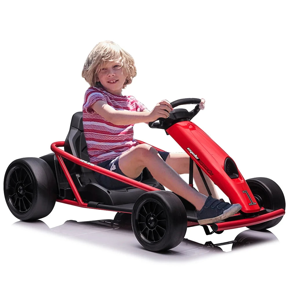 Kojooin Karting pour enfants, Batterie 24V Moteurs 300WX2 Karting à pédales à pied, Voiture de dérapage haute vitesse 8MPH avec fonction de démarrage progressif, Rouge rose