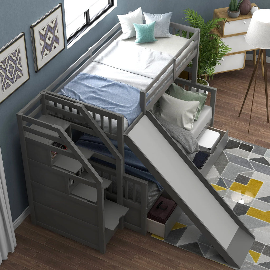 Lit superposé Euroco Wood avec lit simple au-dessus et lit double en dessous, tiroirs et toboggan, gris
