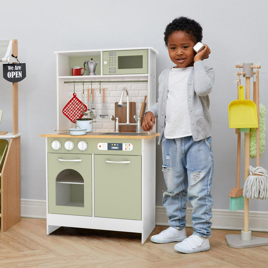 Teamson Kids Little Chef Ensemble de cuisine moderne Boston. Ensemble d'accessoires de 9 pièces. Four. Micro-ondes. Brûleur. Évier. Blanc/Vert