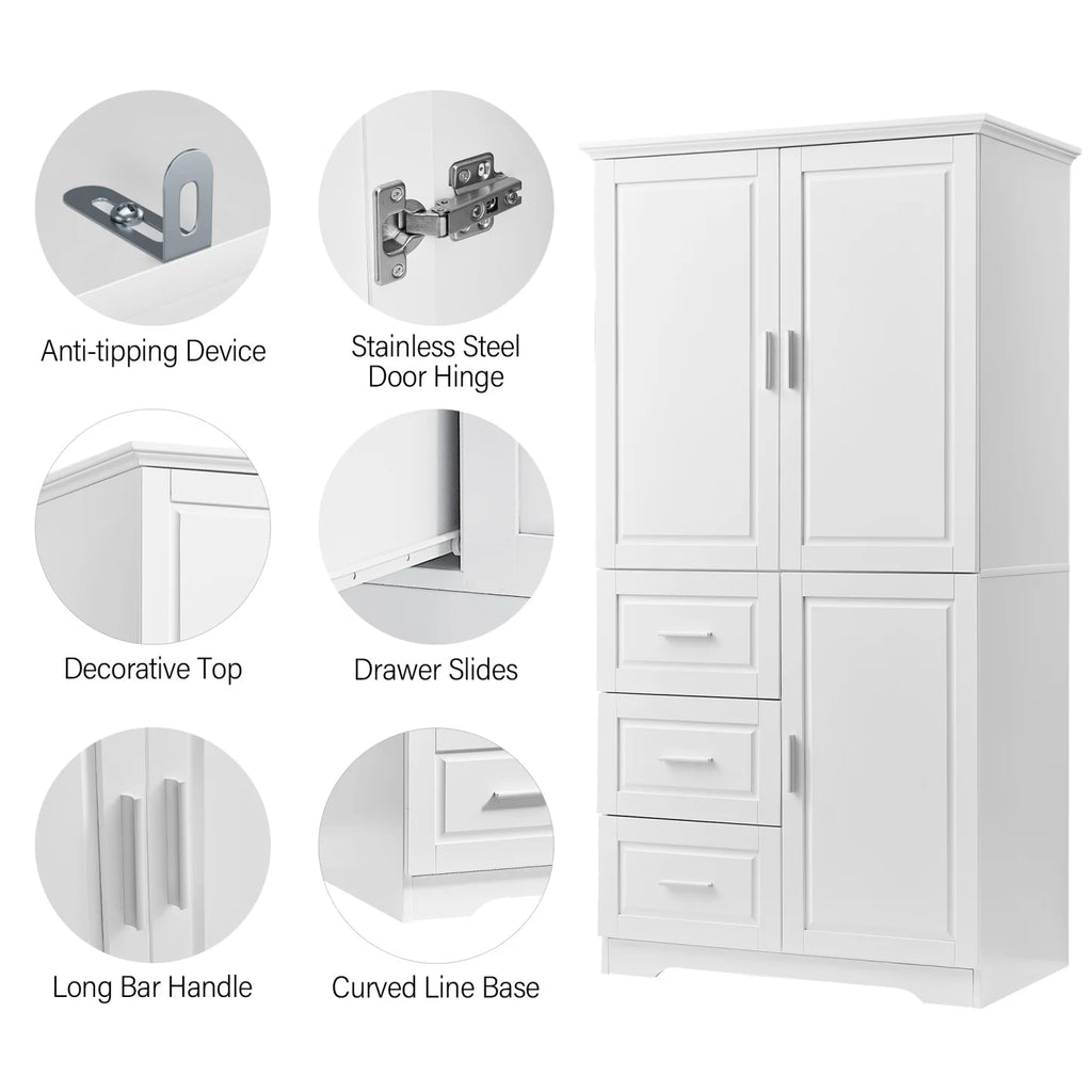 Armoire de salle de bain, meuble de rangement de 62,2 de haut avec portes et étagères, armoire à linge sur pied pour salle de bain, cuisine, salon, grise