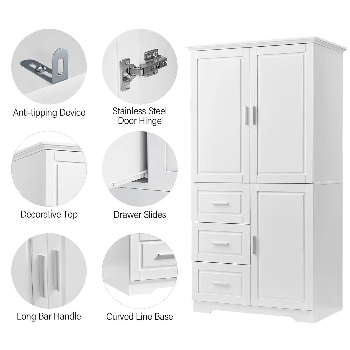 Armoire de salle de bain, meuble de rangement de 62,2 de haut avec portes et étagères, armoire à linge sur pied pour salle de bain, cuisine, salon, grise