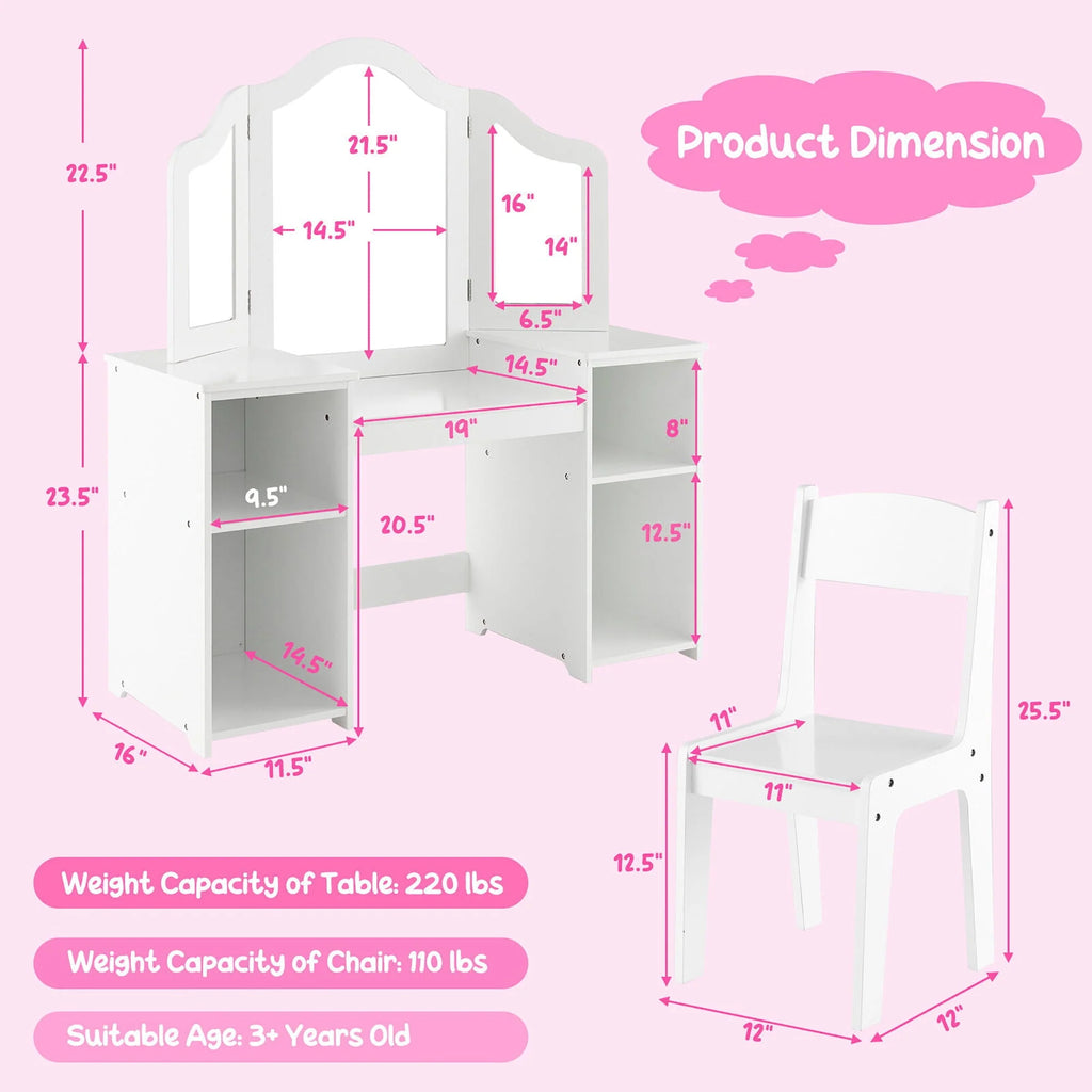 Coiffeuse pour enfant Gymax 2 en 1 Ensemble maquillage princesse avec chaise et miroir pliant sécurisé Blanc