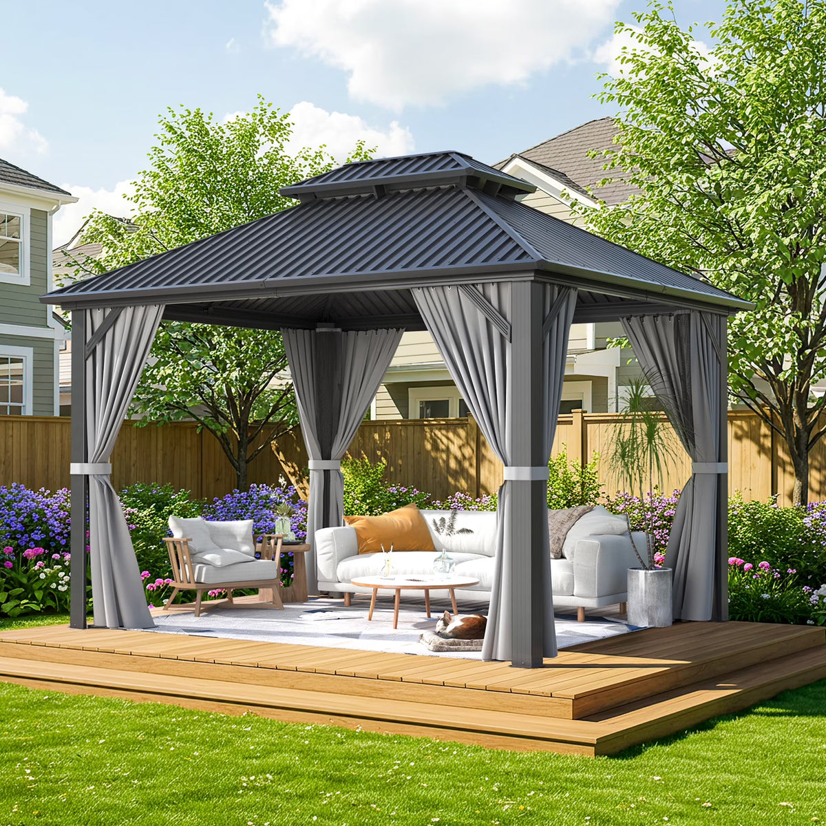 MUCHANT 10'x12' Gazebo à toit rigide avec structure en aluminium, Pavillon d'extérieur permanent Gazebo en métal avec double toit en acier galvanisé, Moustiquaire et Rideaux pour terrasses, jardins, pelouses, Gris