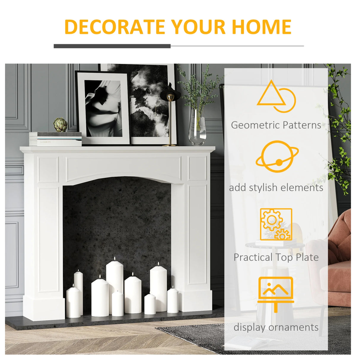 Manteau de cheminée moderne, encadrement de cheminée avec motif décoratif, largeur intérieure 29, blanc