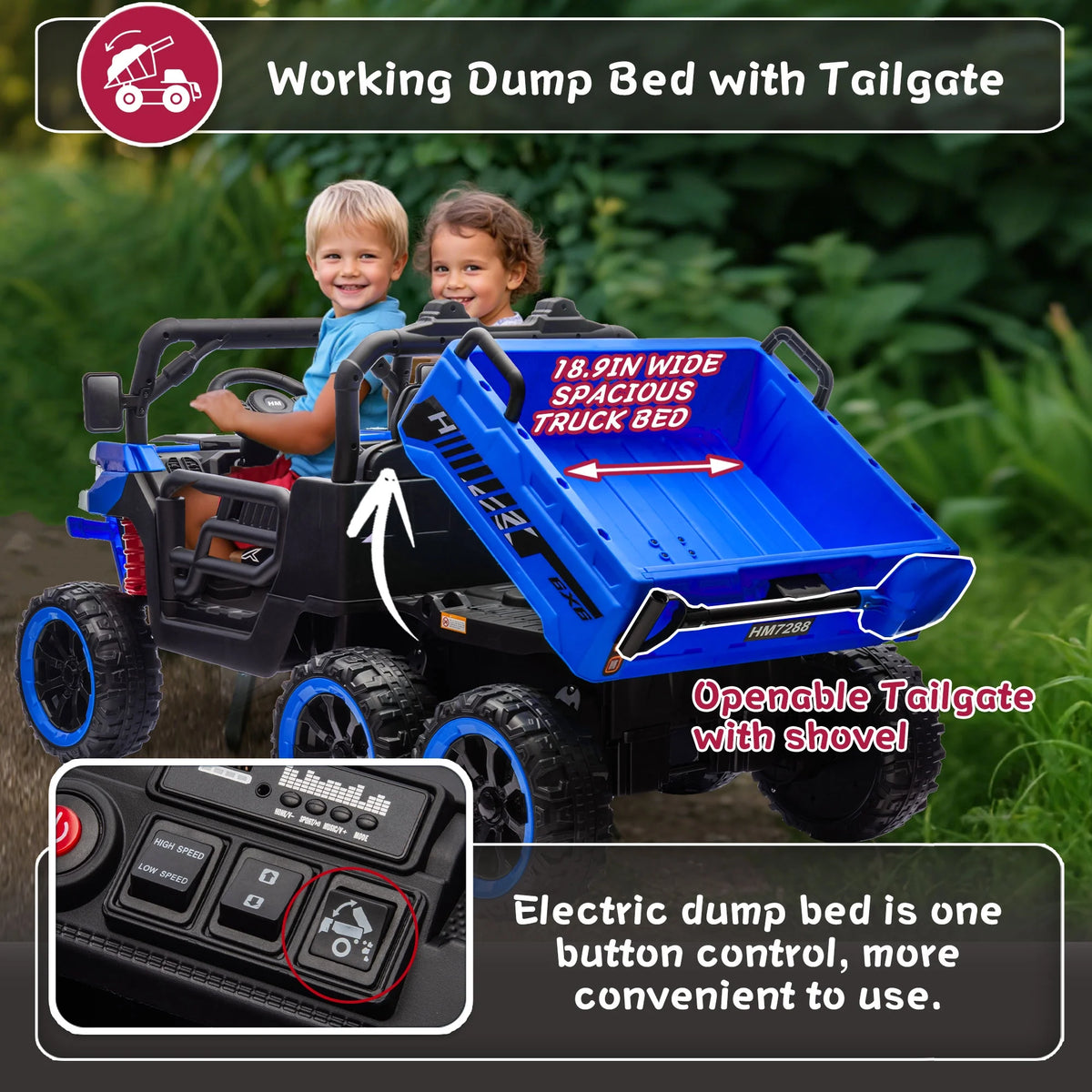 Xuanlur Voiture électrique pour enfants 24V 2 places, UTV avec moteur 2x200W, Jouet électrique 24 volts avec benne/pelle, Voiture électrique pour enfants avec pneus résistants, lumière LED, musique, télécommande, noire